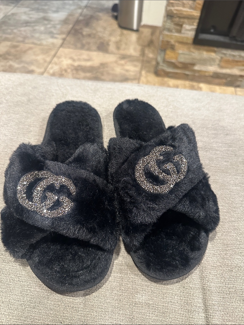 Black Faux Fur Slide Slippers with Rhinestone Emblem size 6-7